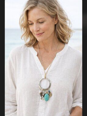 J Jill Elephant Charm Necklace Turquoise Boho Artisan Pendant Beaded Resort NWT